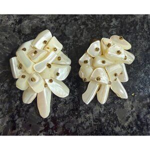 Vintage Faux Mother Of Pearl Lucite Clip-On Earrings With Gold-Tone Accents